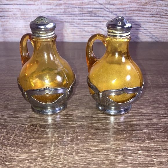 Salt & Pepper Shakers VTG Amber Glass & Chrome Metal Farber Bros Set - Picture 5 of 14